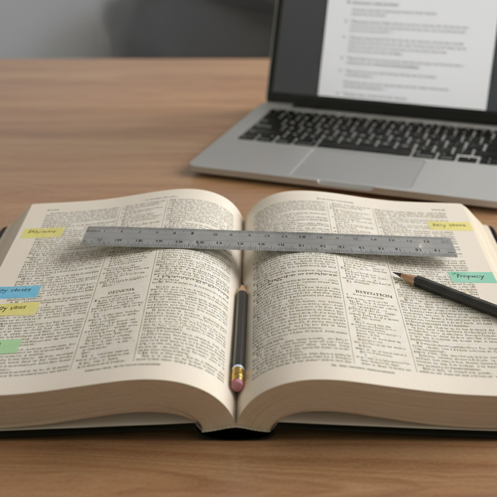 A close-up, photographic view of an open Bible spread across both pages, showing a central fold where Old Testament text transitions toward the New, symbolizing Genesis to Revelation. The paper has a slight ivory tone and visible grain, with a precise metal ruler, sticky notes, and a sharpened pencil aligned along the margins, suggesting in-depth study. Diffused overhead lighting illuminates the text evenly without glare, creating crisp contrast and legible fine print. In the softly blurred background, a laptop displaying a muted, text-only study outline sits on a tidy desk. Captured from a slightly elevated angle, the image feels analytical, structured, and intentionally scholarly, supporting rigorous Bible study.