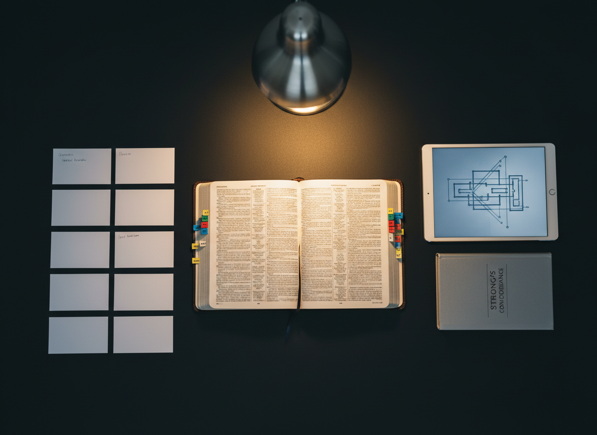 A meticulously organized Bible study workstation photographed from a bird’s-eye view: an open Bible centered on a dark, matte desk surface, flanked by a structured grid of index cards, a digital tablet displaying a muted chart, and a slim concordance. The Bible’s pages show discrete colored tabs labeled in tiny, non-legible marks, hinting at sections from Genesis to Revelation. Cool, even overhead lighting eliminates harsh contrasts, revealing every object with clinical clarity. A single desk lamp at the top edge is turned on, adding a focused pool of warmer light across the central pages. The mood is methodical and contemplative, with a clean, modern aesthetic that communicates intentional, systematic Bible study.