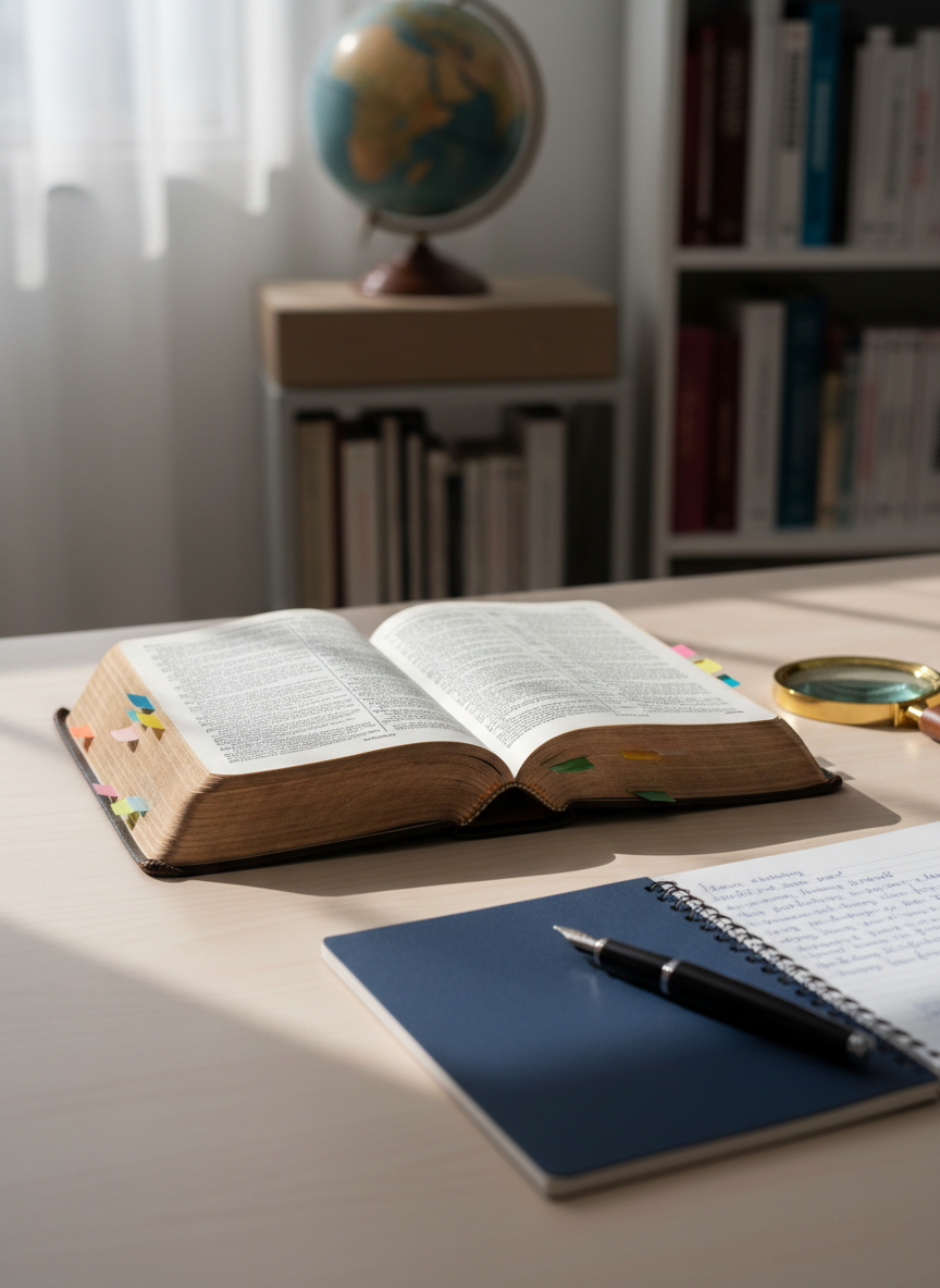 A well-worn, open Bible resting on a clean wooden study desk, its thin pages gently curved and marked with subtle colored tabs, photographed in sharp detail. Around it lie a neatly organized notebook, a fountain pen, and a simple magnifying glass, all arranged with purpose rather than decoration. Soft morning light enters from an unseen window to the left, casting clear but gentle shadows and highlighting the fine texture of the paper. The background shows blurred shelves of reference books and a globe, emphasizing serious study. Shot at eye level with a moderate depth of field, the composition feels professional, calm, and intentionally educational, in a realistic photographic style.