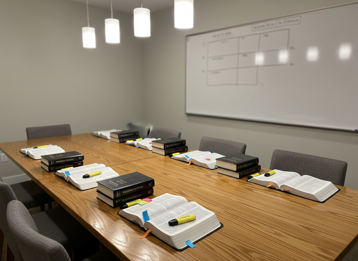 A panoramic, photographic shot of a long wooden table arranged for group Bible study, but with no chairs or people present. Several open Bibles are spaced along the table, each accompanied by a small stack of reference books, color-coded sticky tabs, and a single, neatly placed highlighter. Overhead pendant lights cast bright, neutral illumination that clearly defines the grain of the wood and the edges of each book, minimizing shadows. The far wall holds a large, unadorned whiteboard faintly marked with structured outlines and arrows, intentionally out of focus. The composition uses the rule of thirds and strong leading lines, creating a professional, academic atmosphere that emphasizes serious, collaborative study without casual distractions.