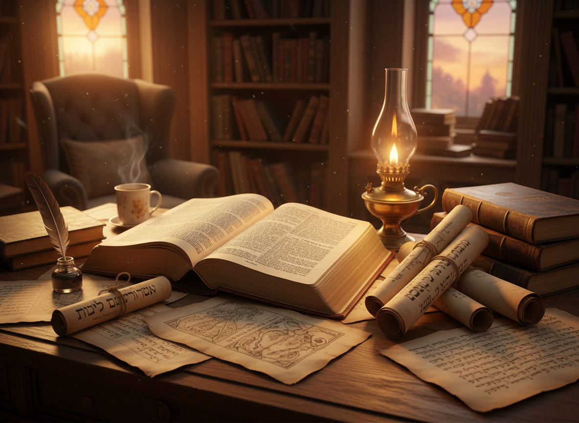 A biblical study scene with open book, pages, ancient scrolls, and warm scholarly atmosphere