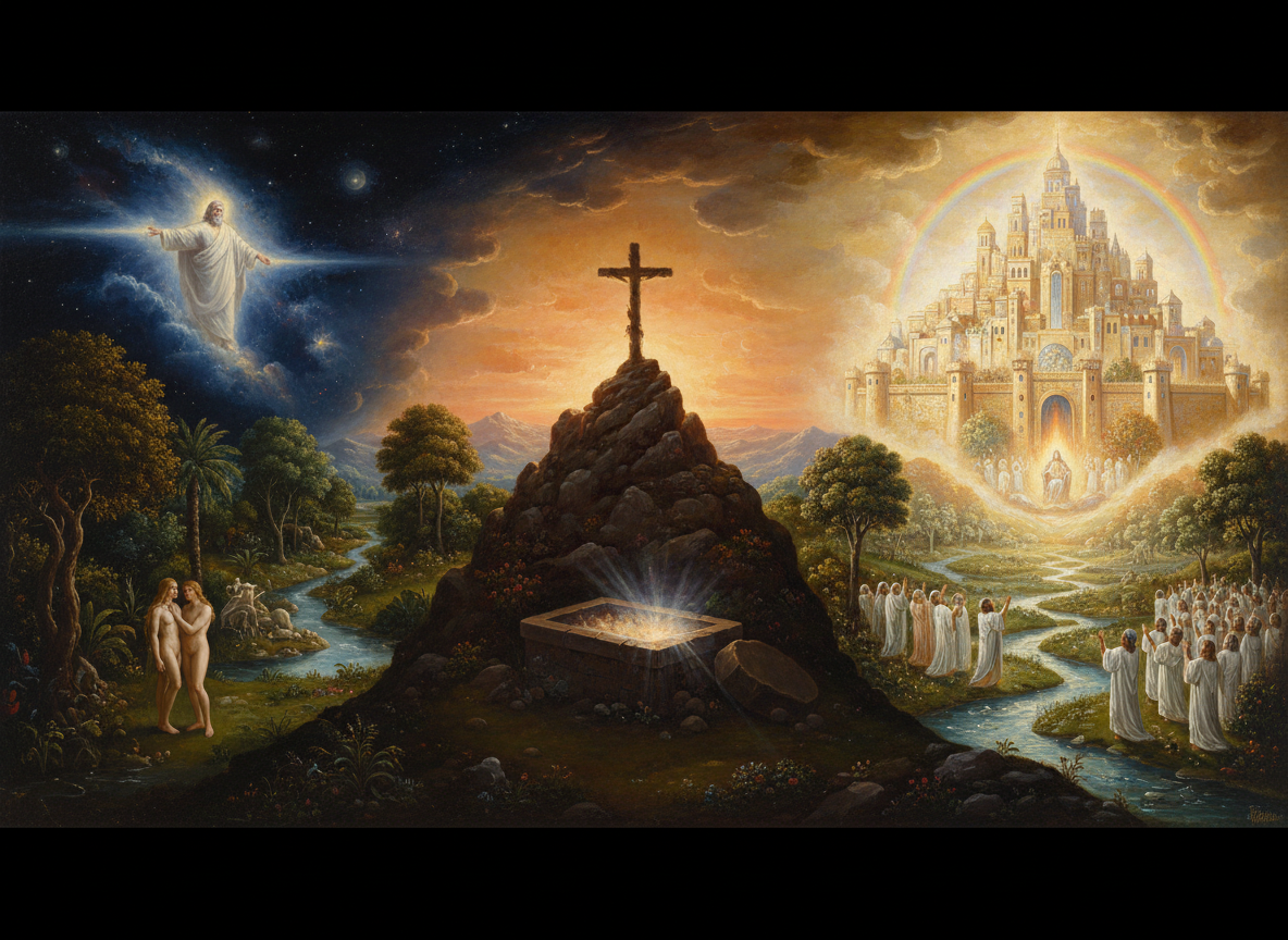 A sweeping biblical panorama illustrating the story from Creation to Revelation: on the left, God creating light in the darkness and the Garden of Eden with Adam and Eve; in the center, a subtle cross on a hill and an empty tomb at sunrise symbolizing Christ's redemption; on the right, a radiant vision of Revelation with the New Jerusalem glowing in golden light, a restored heaven and earth, majestic, painterly, inspirational, highly detailed.
