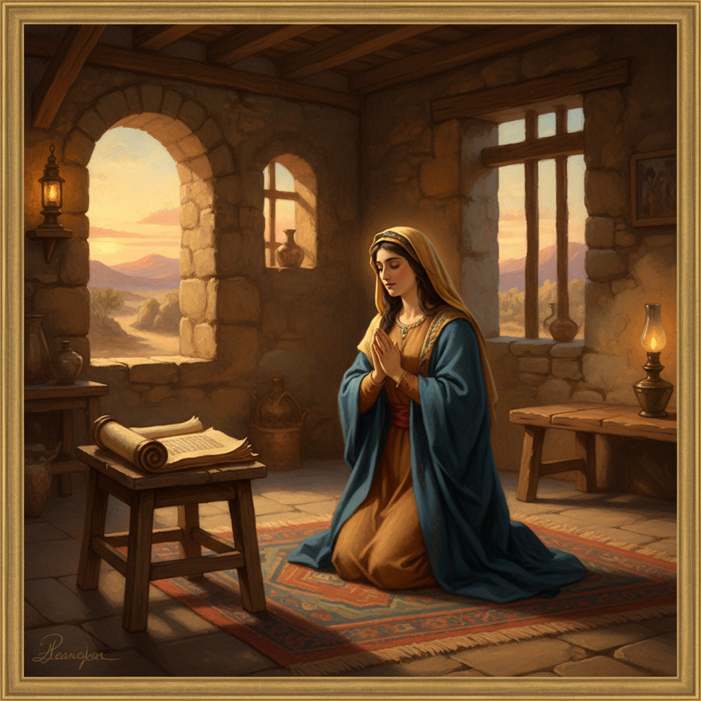 A small classical biblical illustration depicting a woman from the Bible in ancient Near Eastern setting, soft warm tones, subtle painterly style, respectful and reverent, suitable for a Bible study website