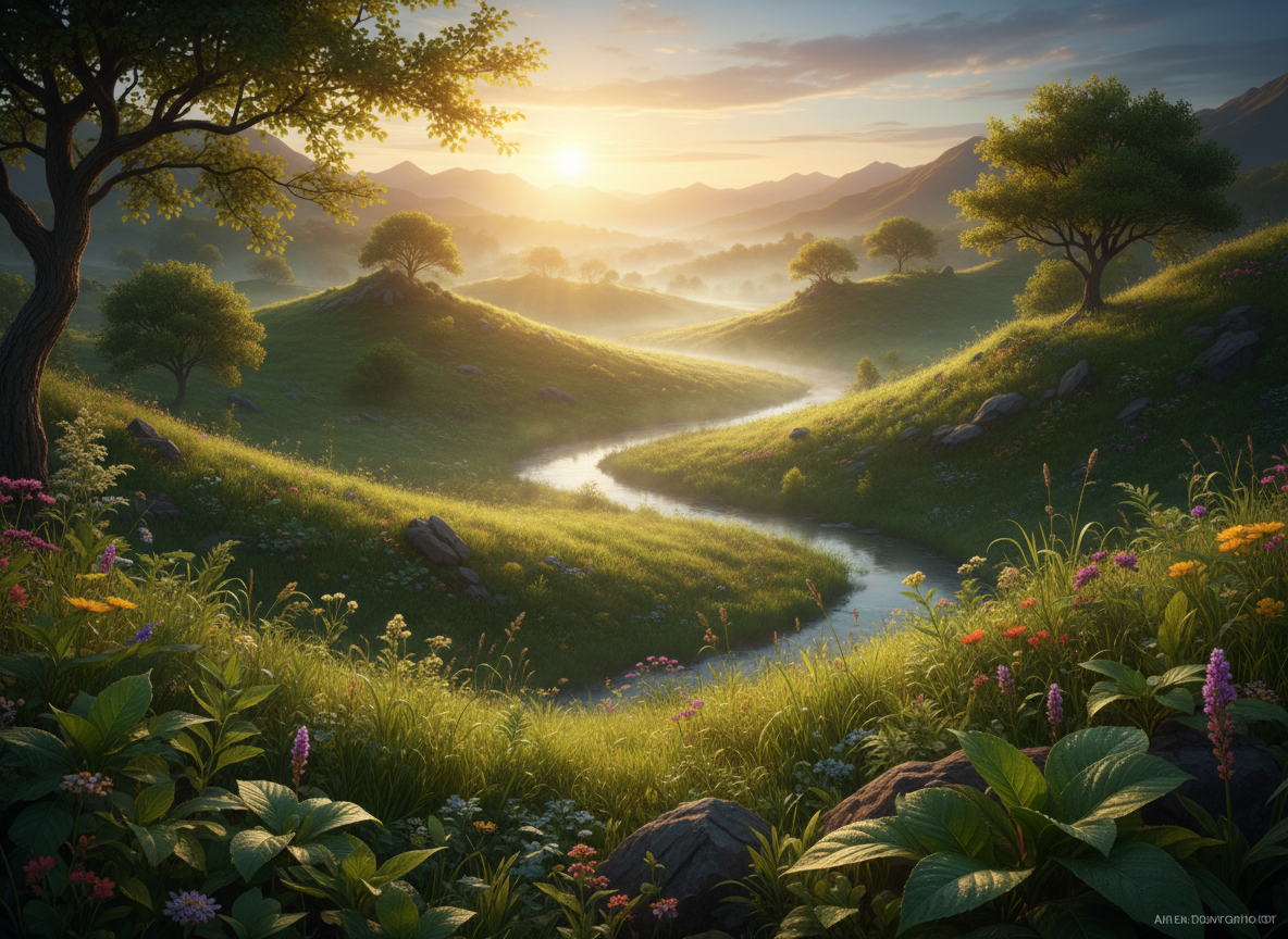 Lush green landscape at golden hour with fertile land, rolling hills and trees