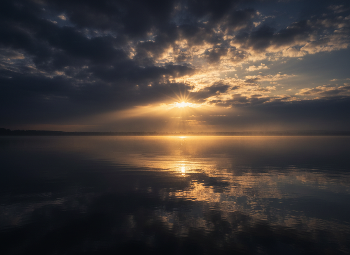 Light separating from darkness, a glowing golden dawn horizon over dark still waters