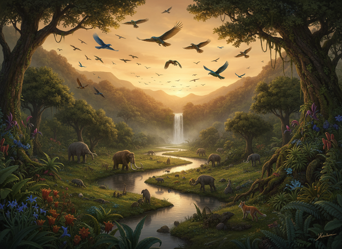Birds in flight above a fertile green valley with a river and lush vegetation at golden hour