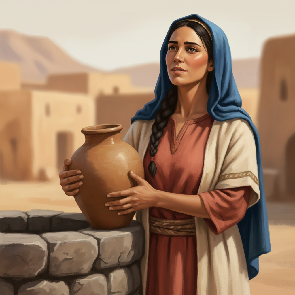Painterly portrait of the Samaritan woman at the well holding a clay water jar.