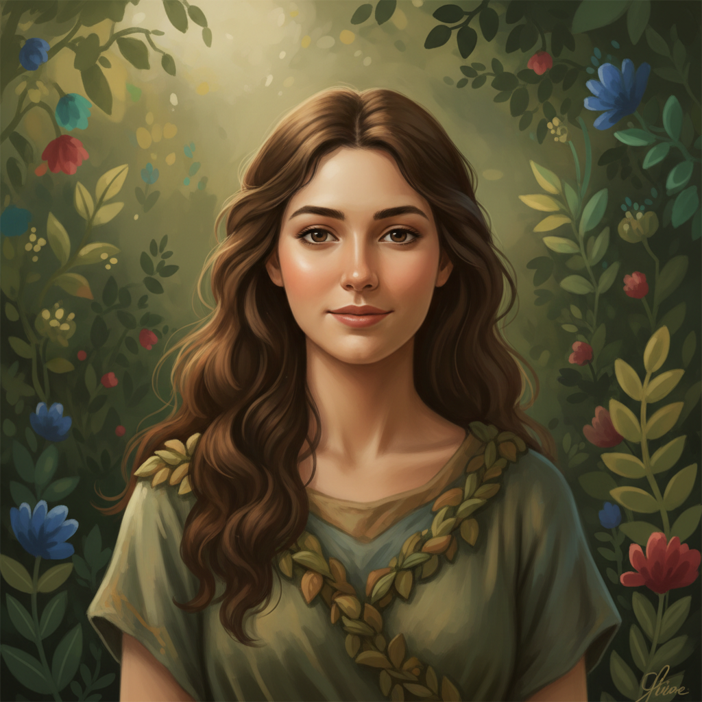 Painterly portrait of Eve in the Garden of Eden with soft garden greenery.