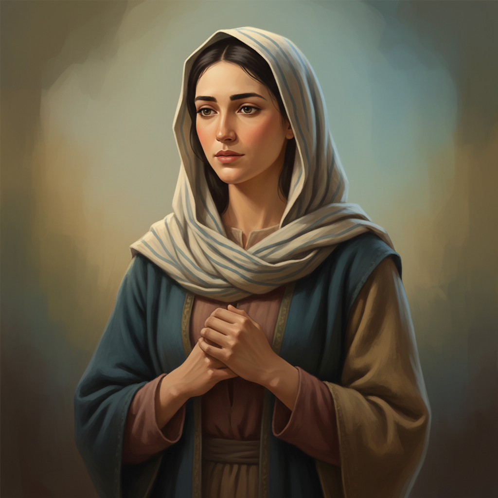 Painterly portrait of Mary the mother of Jesus wearing a soft blue and cream head covering.