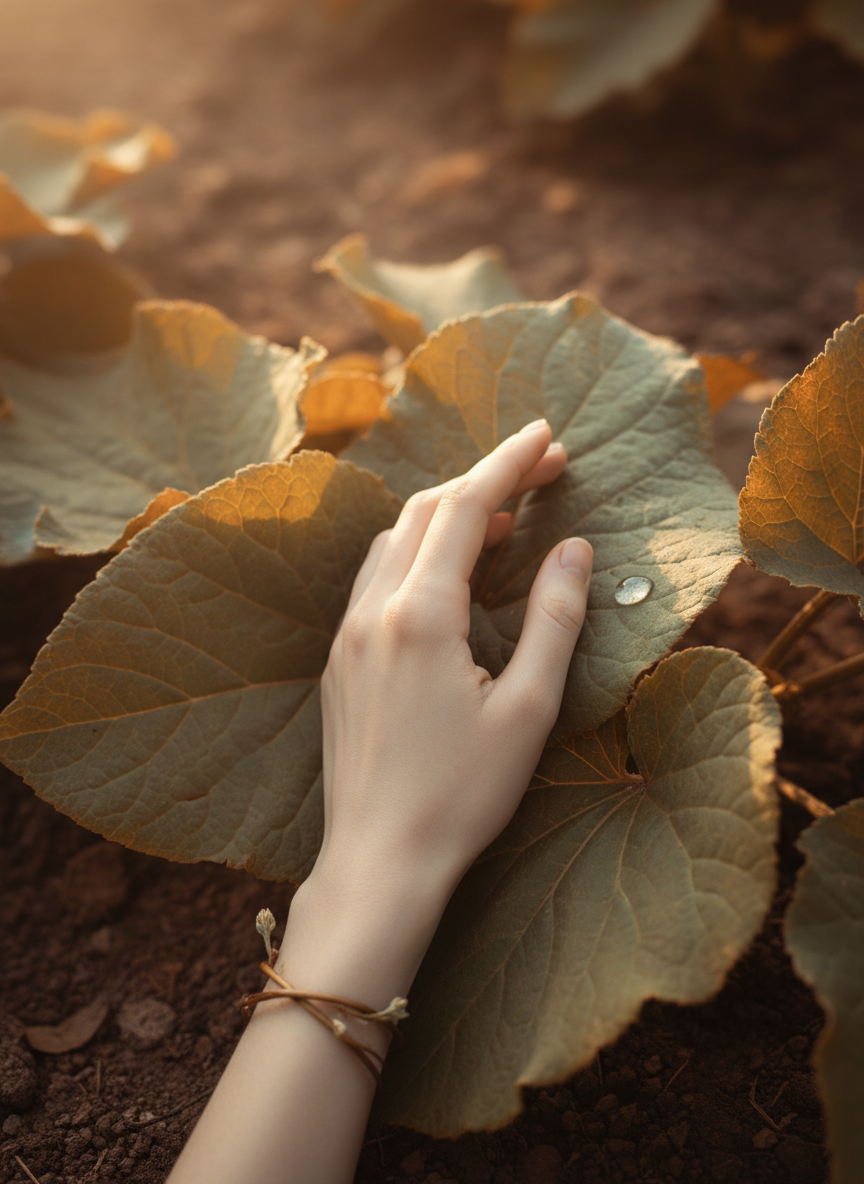 Symbolic devotional still life representing Eve and creation — a delicate hand resting near soft garden leaves and light