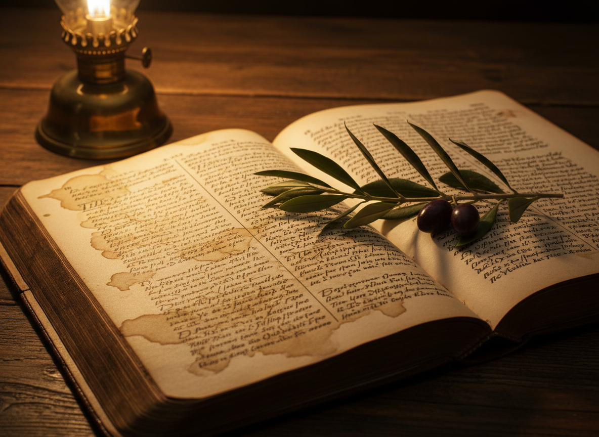 Ancient open manuscript with soft warm lamplight and an olive branch resting on the page