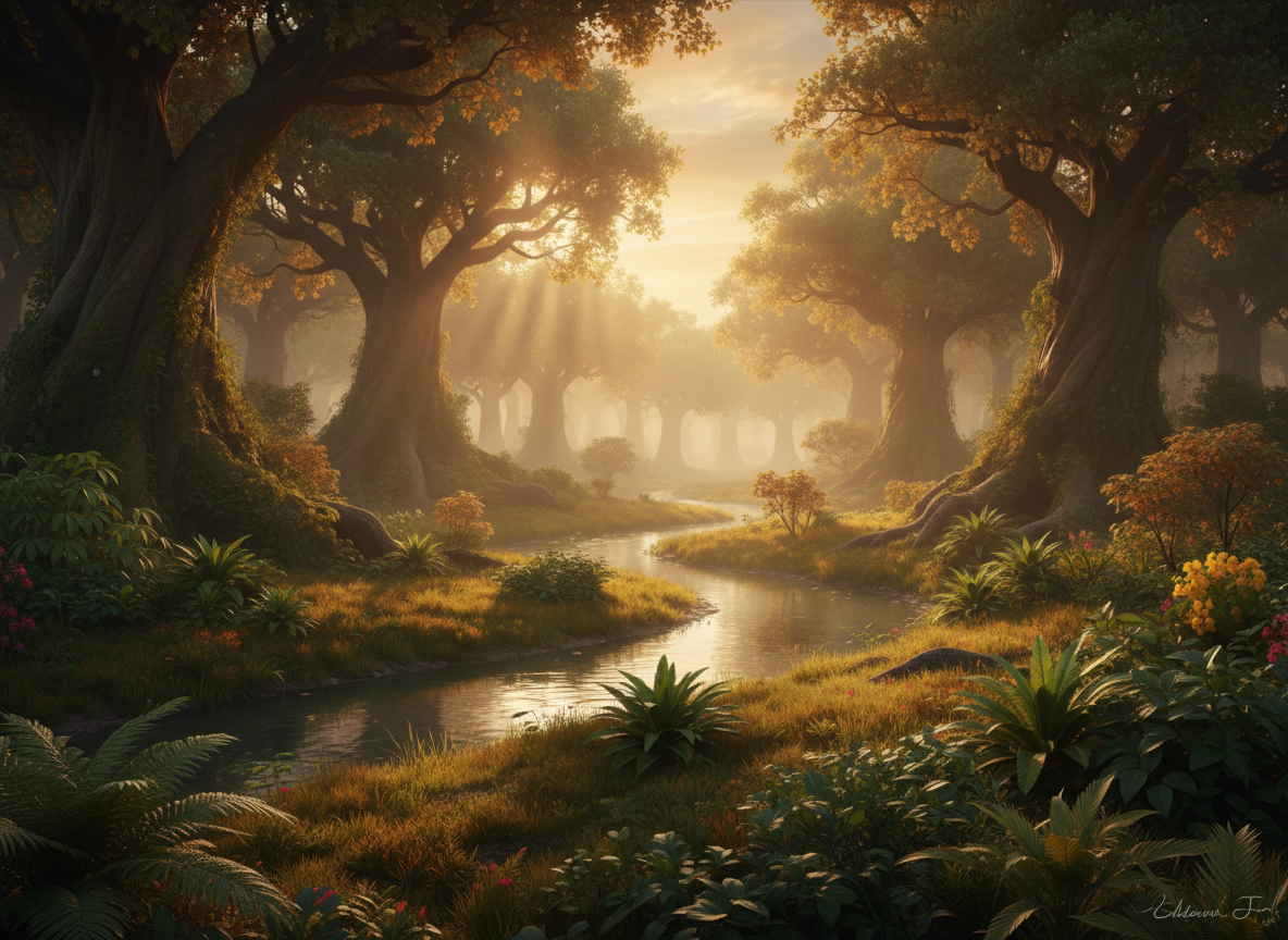 Lush, serene Garden of Eden at golden hour with soft morning light filtering through ancient trees and a gentle river