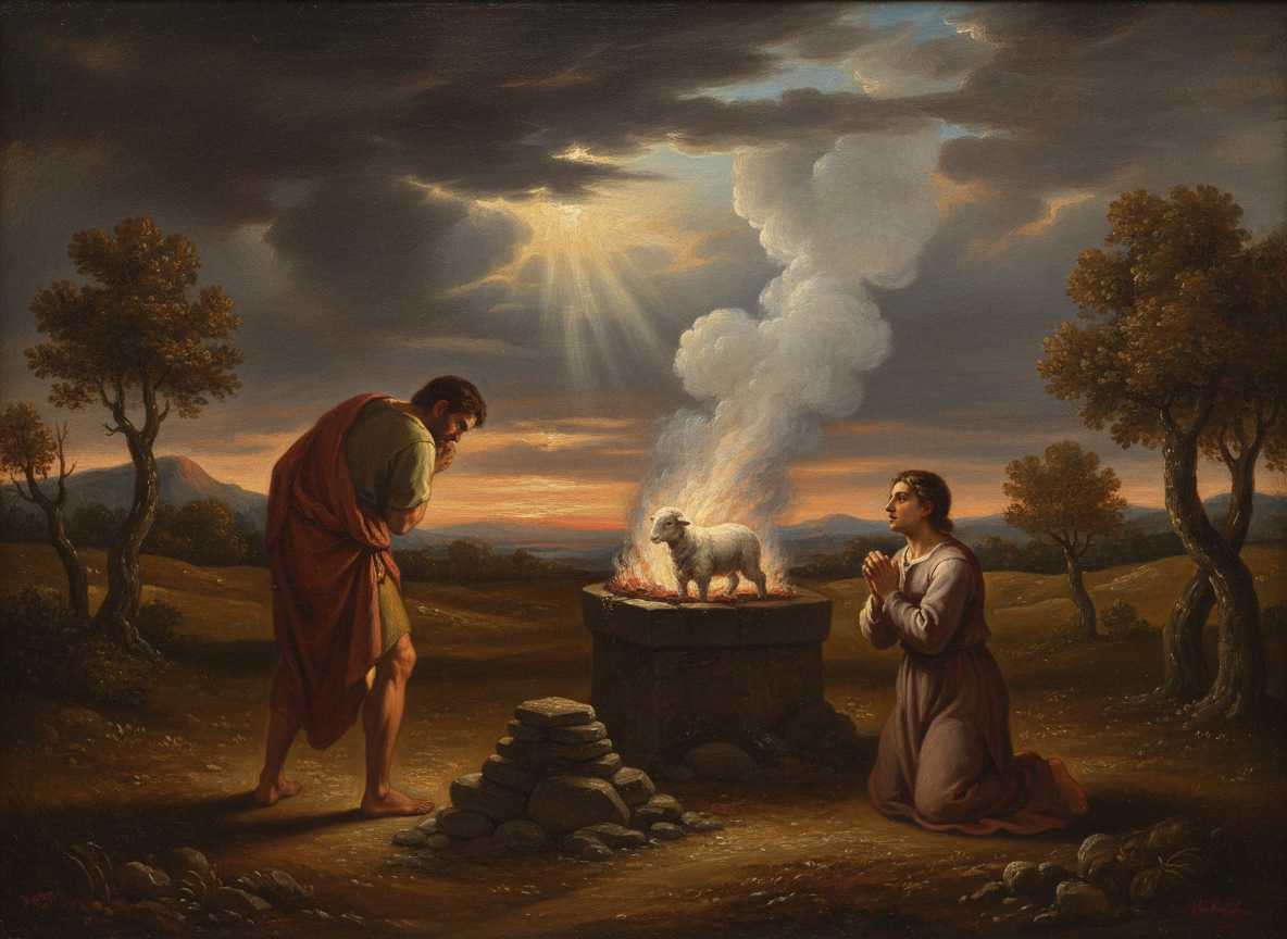 A dramatic biblical painting of Cain and Abel — two brothers in an ancient Middle Eastern landscape. Abel kneels beside his flock with smoke rising from an accepted offering, while Cain stands apart, face darkened with anger, his grain offering rejected. Storm clouds gather overhead with rays of divine light breaking through. Rich earth tones — deep browns, golds, and ochres. Cinematic, painterly, Old Masters style. Conveys tension, jealousy, and the weight of the first sin between brothers.